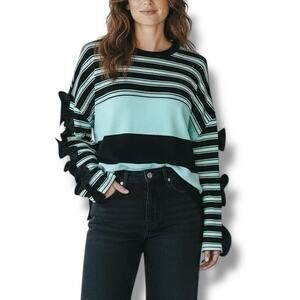 Vintage Emanuel Ungaro Size M Teal Stripe Ruffle Sleeve Sweater Art to Wear